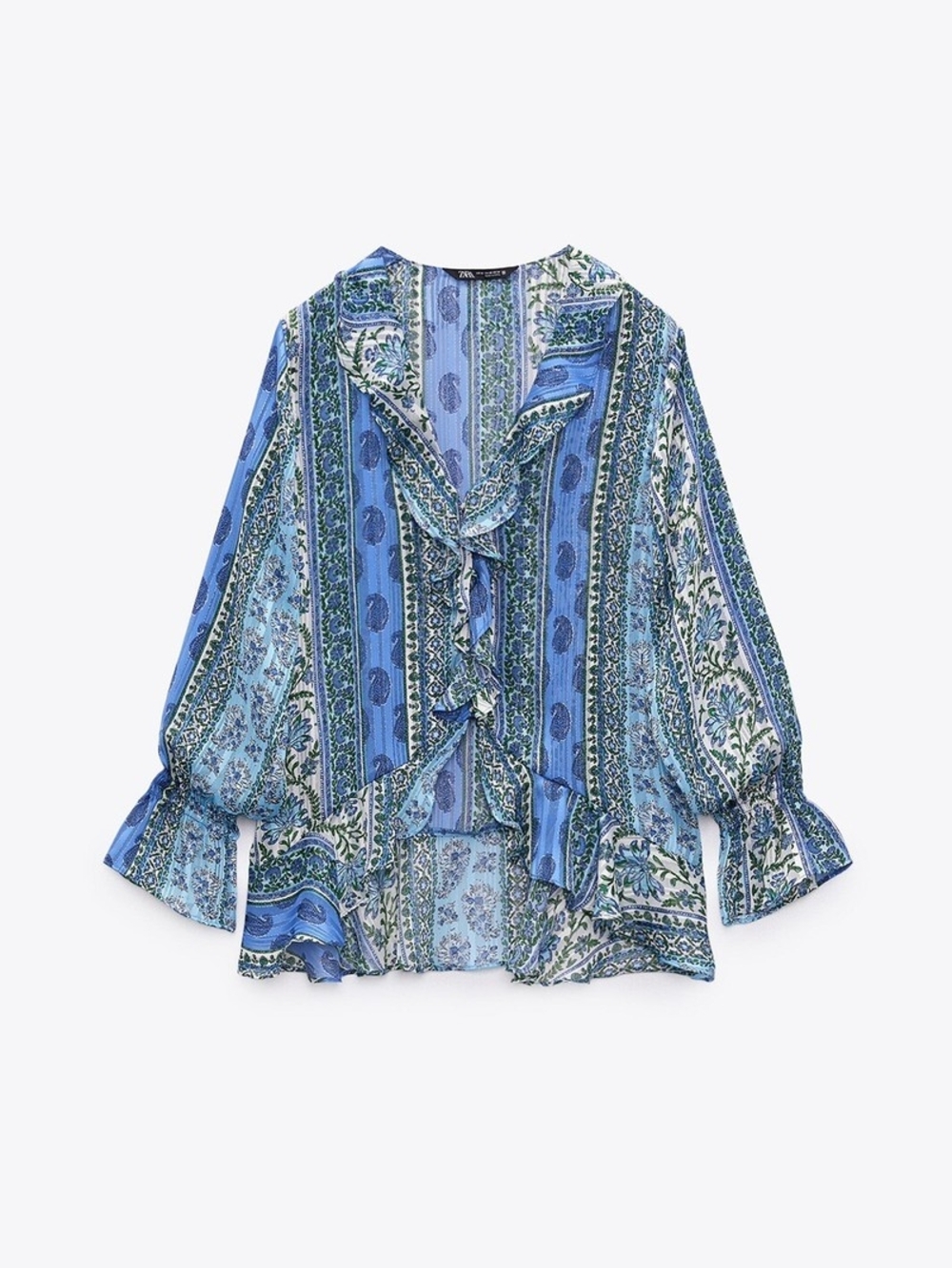 Zara Blue Floral Stripe Tie-Neck Blouse
